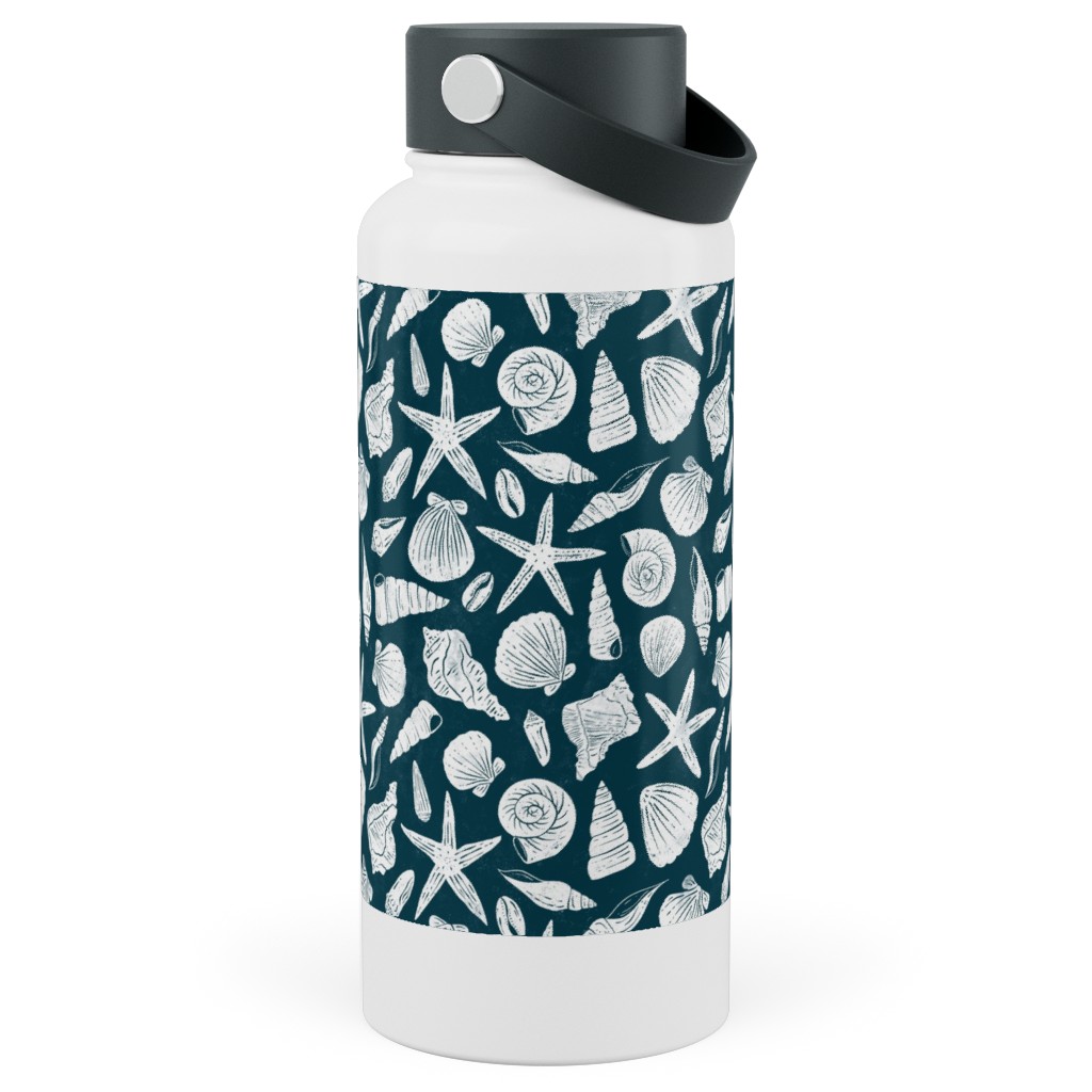 Textured Ocean Seashells - Dark Blue and Cream Stainless Steel Wide Mouth Water Bottle, 30oz, Wide Mouth, Blue