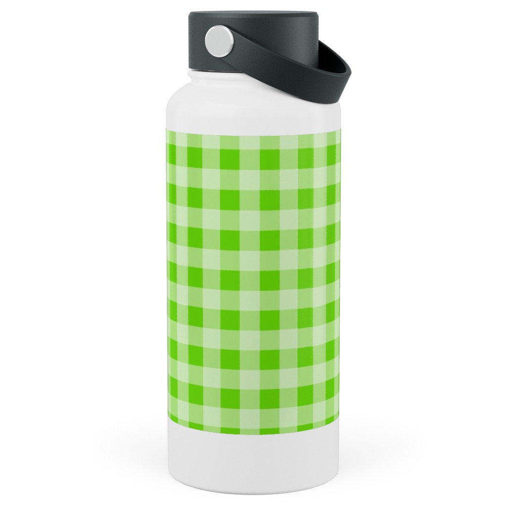 Gingham Checker - Green Stainless Steel Wide Mouth Water Bottle, 30oz, Wide Mouth, Green