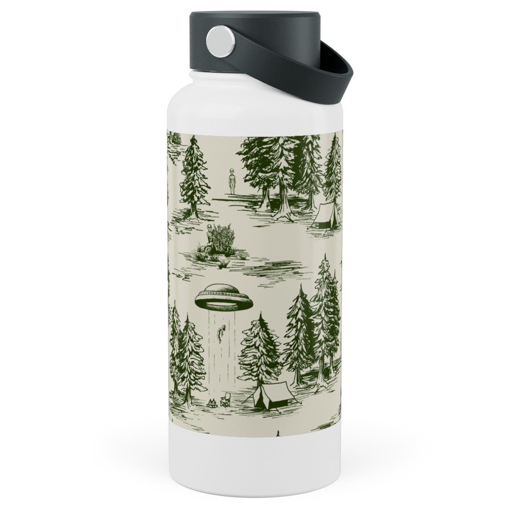 Alien Abduction Toile De Jouy - Forest Green & Cream Stainless Steel Wide Mouth Water Bottle, 30oz, Wide Mouth, Green, Classic Green