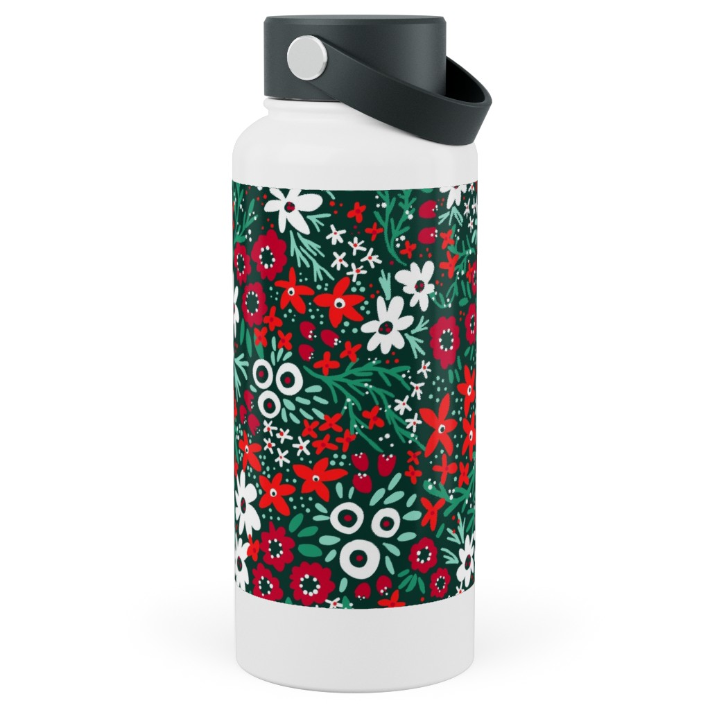 Rustic Floral - Holiday Red and Green Stainless Steel Wide Mouth Water Bottle, 30oz, Wide Mouth, Green