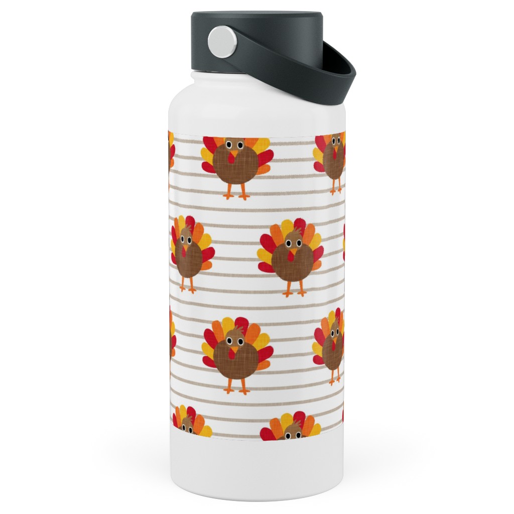 Cute Thanksgiving Turkey - on Khaki Stripes Stainless Steel Wide Mouth Water Bottle, 30oz, Wide Mouth, Orange