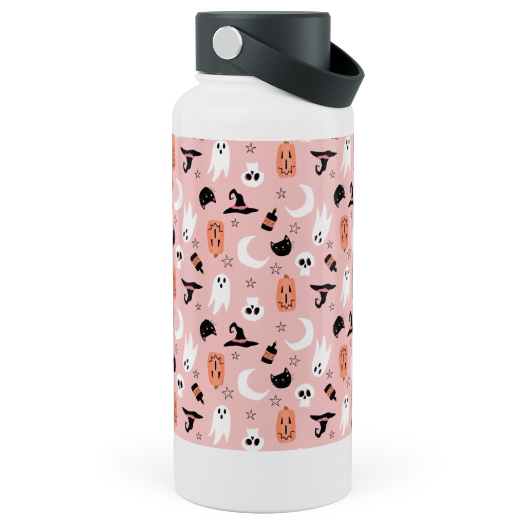 Sweet Halloween - Pumpkin, Witch, Ghost, & Cat - Pink Stainless Steel Wide Mouth Water Bottle, 30oz, Wide Mouth, Pink