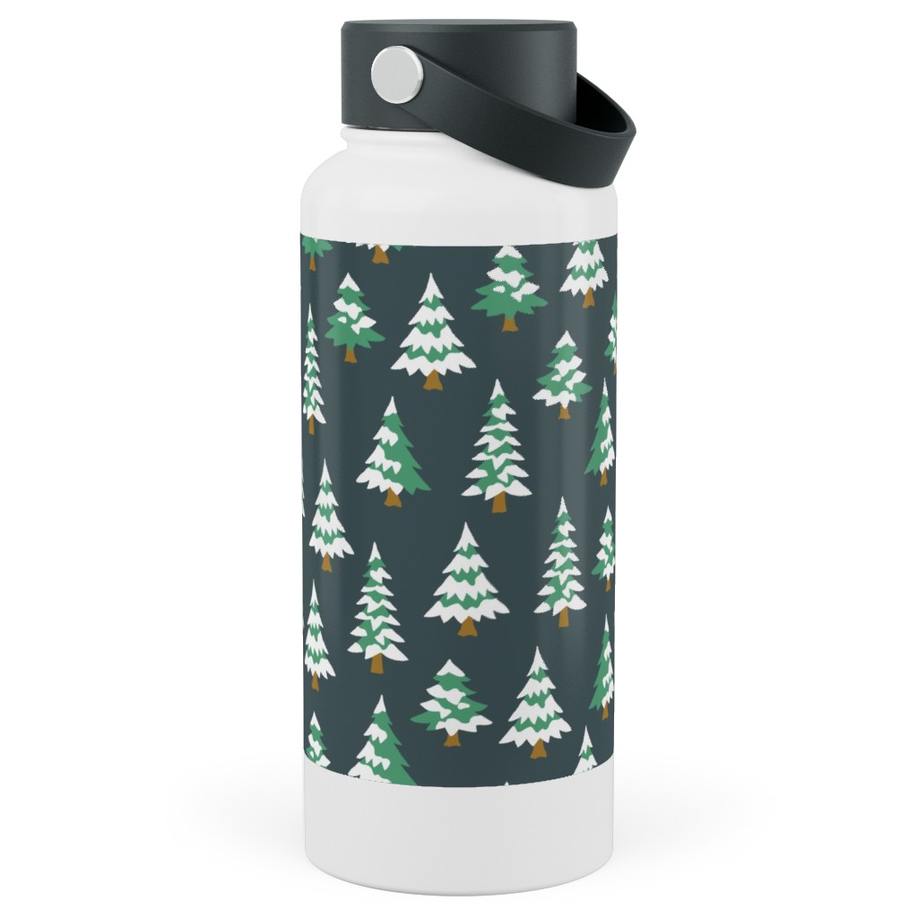 Winter Village Trees With Snow - Dark Stainless Steel Wide Mouth Water Bottle, 30oz, Wide Mouth, Green, Classic Green