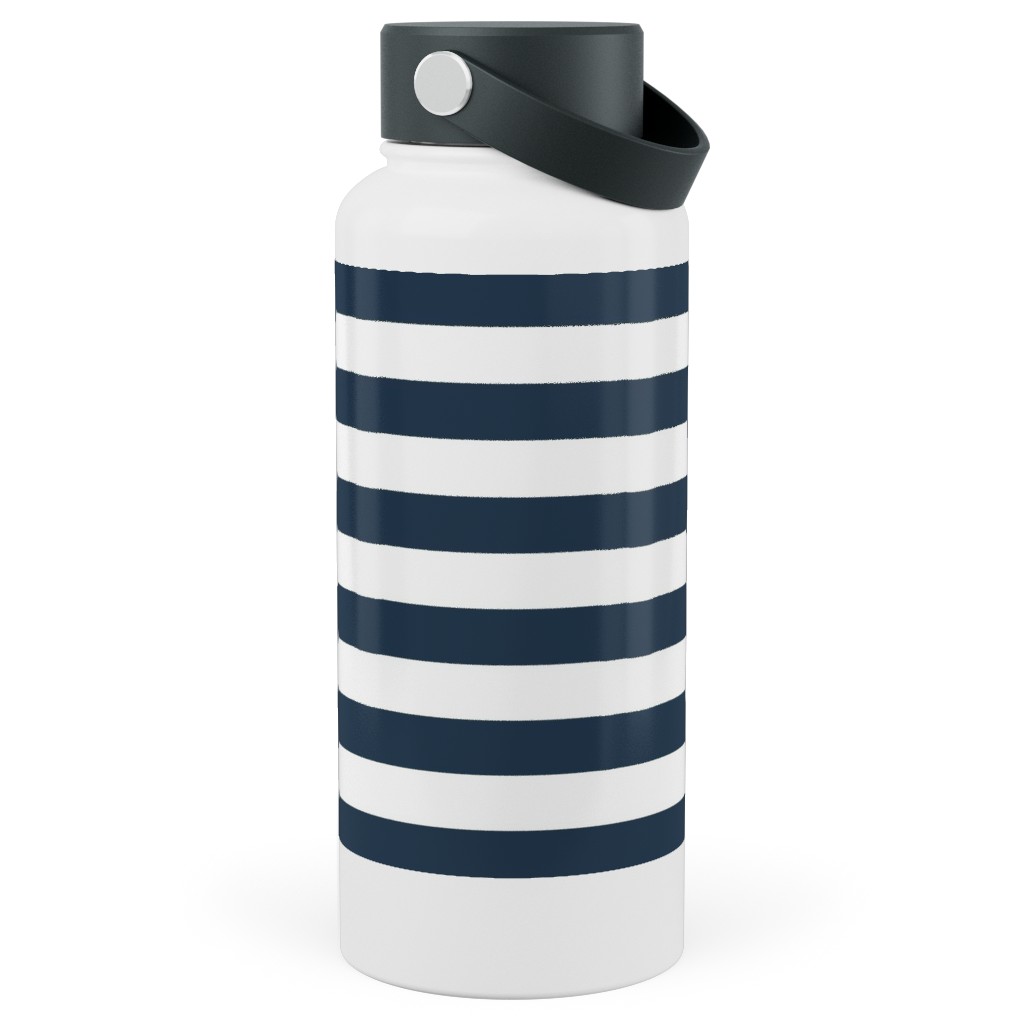 Simple Horizontal Stripe Stainless Steel Wide Mouth Water Bottle, 30oz, Wide Mouth, Blue, Navy