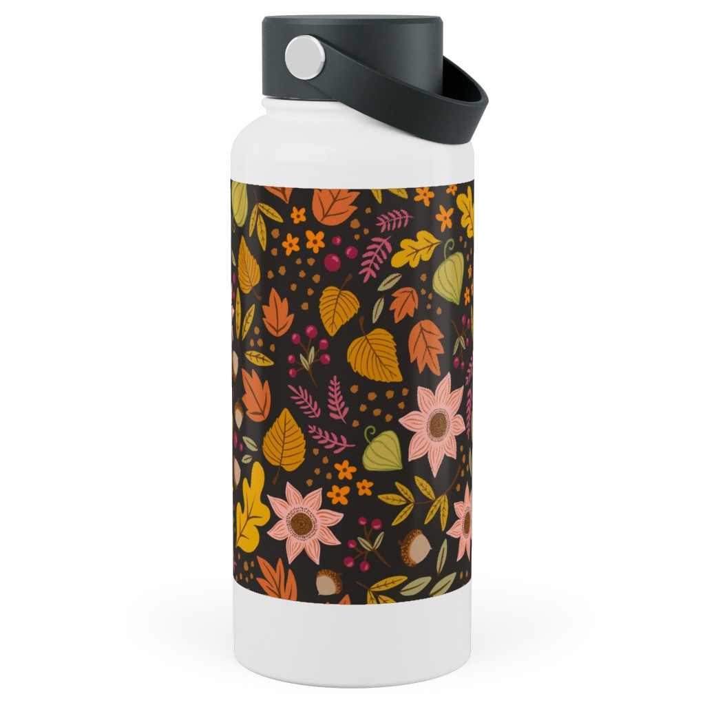 Autumn Floral - Dark Stainless Steel Wide Mouth Water Bottle, 30oz, Wide Mouth, Multicolor