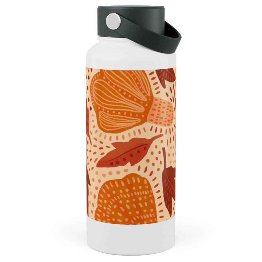 Autumn Mushrooms and Fallen Leaves Stainless Steel Wide Mouth Water Bottle, 30oz, Wide Mouth, Orange