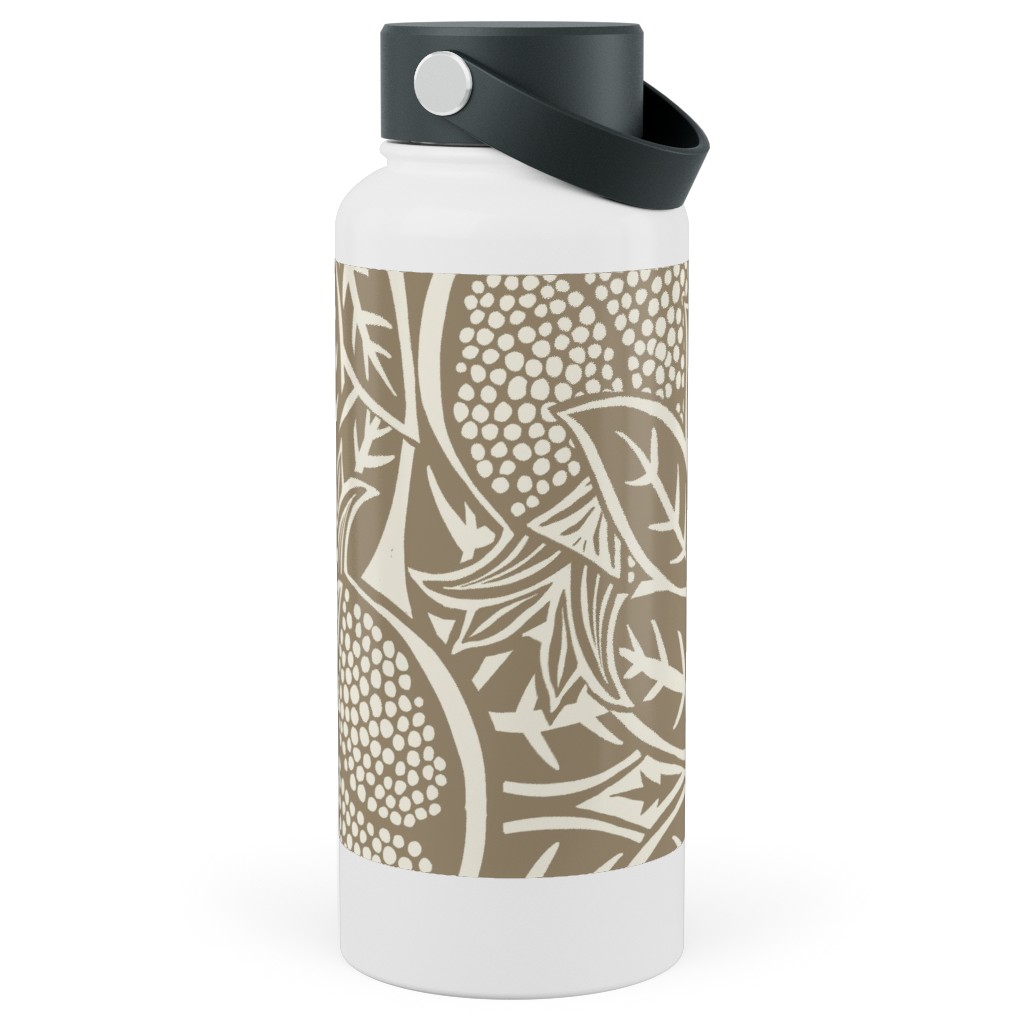 Pomegranate Block Print - Neutral Stainless Steel Wide Mouth Water Bottle, 30oz, Wide Mouth, Brown, Brown