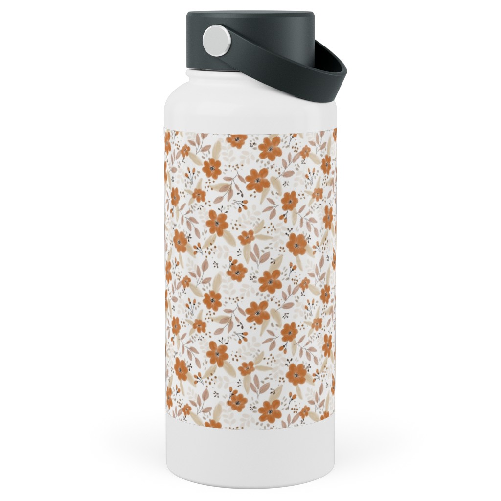 Fall Floral Stainless Steel Wide Mouth Water Bottle, 30oz, Wide Mouth, Orange, Antique White