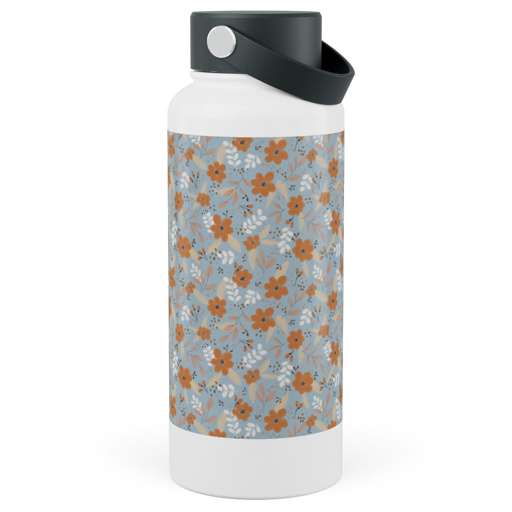 Fall Floral Stainless Steel Wide Mouth Water Bottle, 30oz, Wide Mouth, Blue