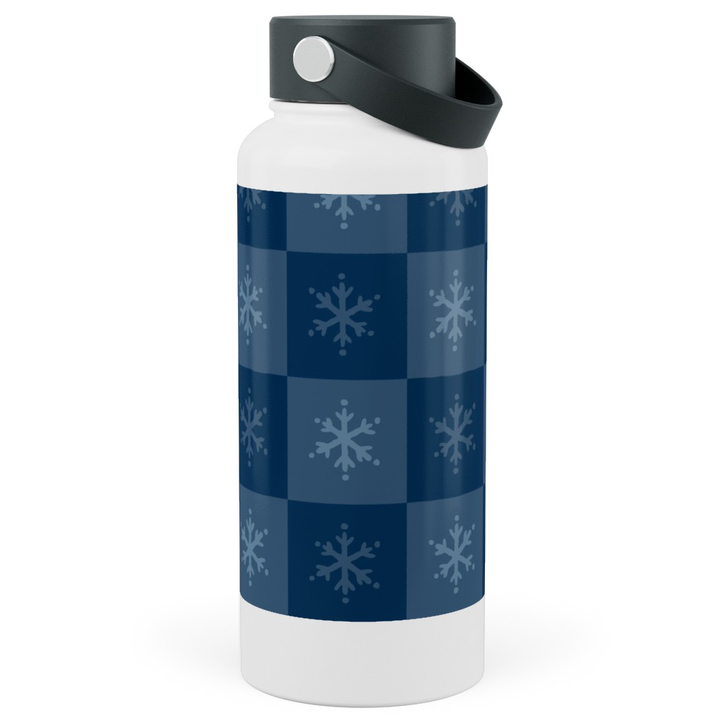 Scandi Cozy Winter Checkered Blue Snowflake Stainless Steel Wide Mouth Water Bottle, 30oz, Wide Mouth, Blue