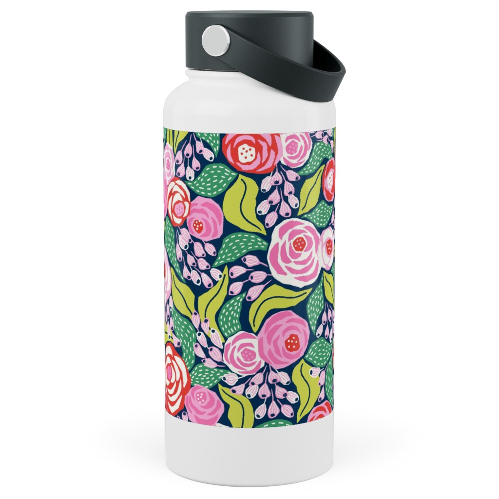 Colourful Papercut Roses - Pink on Dark Blue Stainless Steel Wide Mouth Water Bottle, 30oz, Wide Mouth, Pink