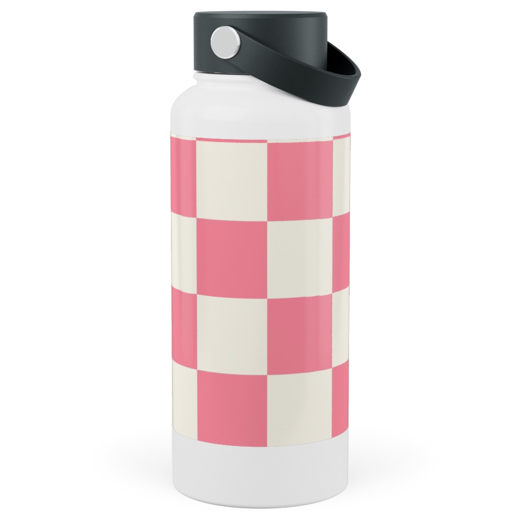 Checkered Pattern - Pink Stainless Steel Wide Mouth Water Bottle, 30oz, Wide Mouth, Pink, Bright Pink