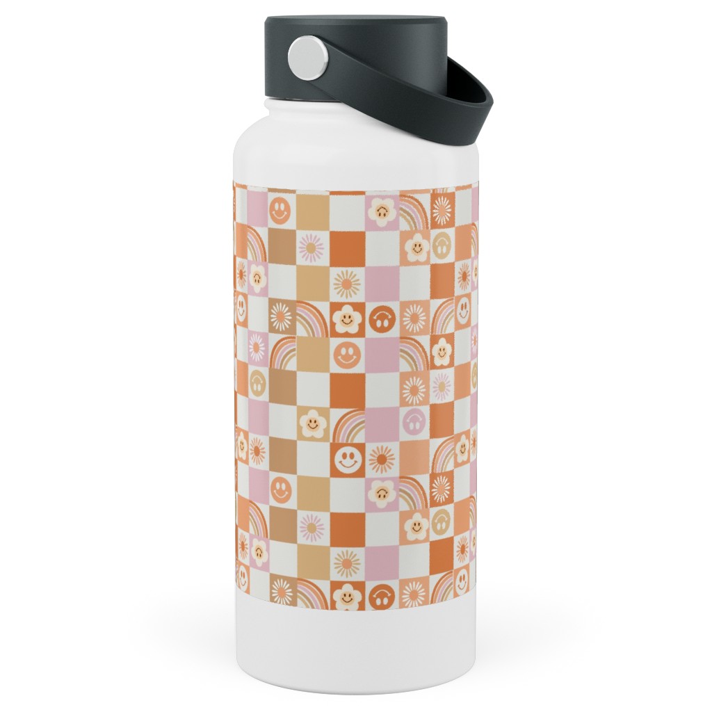 Retro Checkerboard - Daisy, Smile, Happy - Pink Orange Stainless Steel Wide Mouth Water Bottle, 30oz, Wide Mouth, Orange