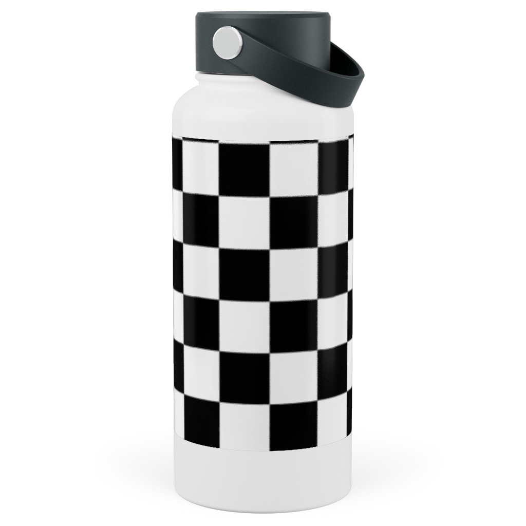 Checker - Black and White Stainless Steel Wide Mouth Water Bottle, 30oz, Wide Mouth, Black, Black