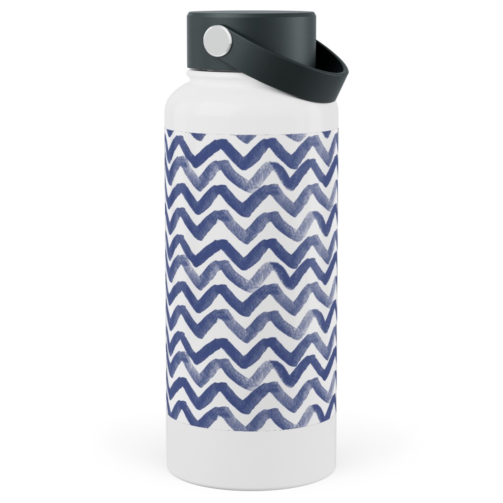 Zig Zag Waves - Navy Stainless Steel Wide Mouth Water Bottle, 30oz, Wide Mouth, Blue, True Blue