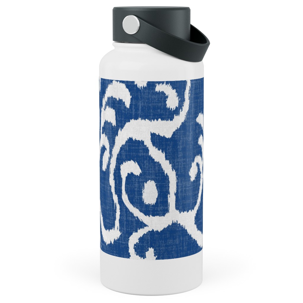 Lucette Ikat - Navy Stainless Steel Wide Mouth Water Bottle, 30oz, Wide Mouth, Blue, True Blue