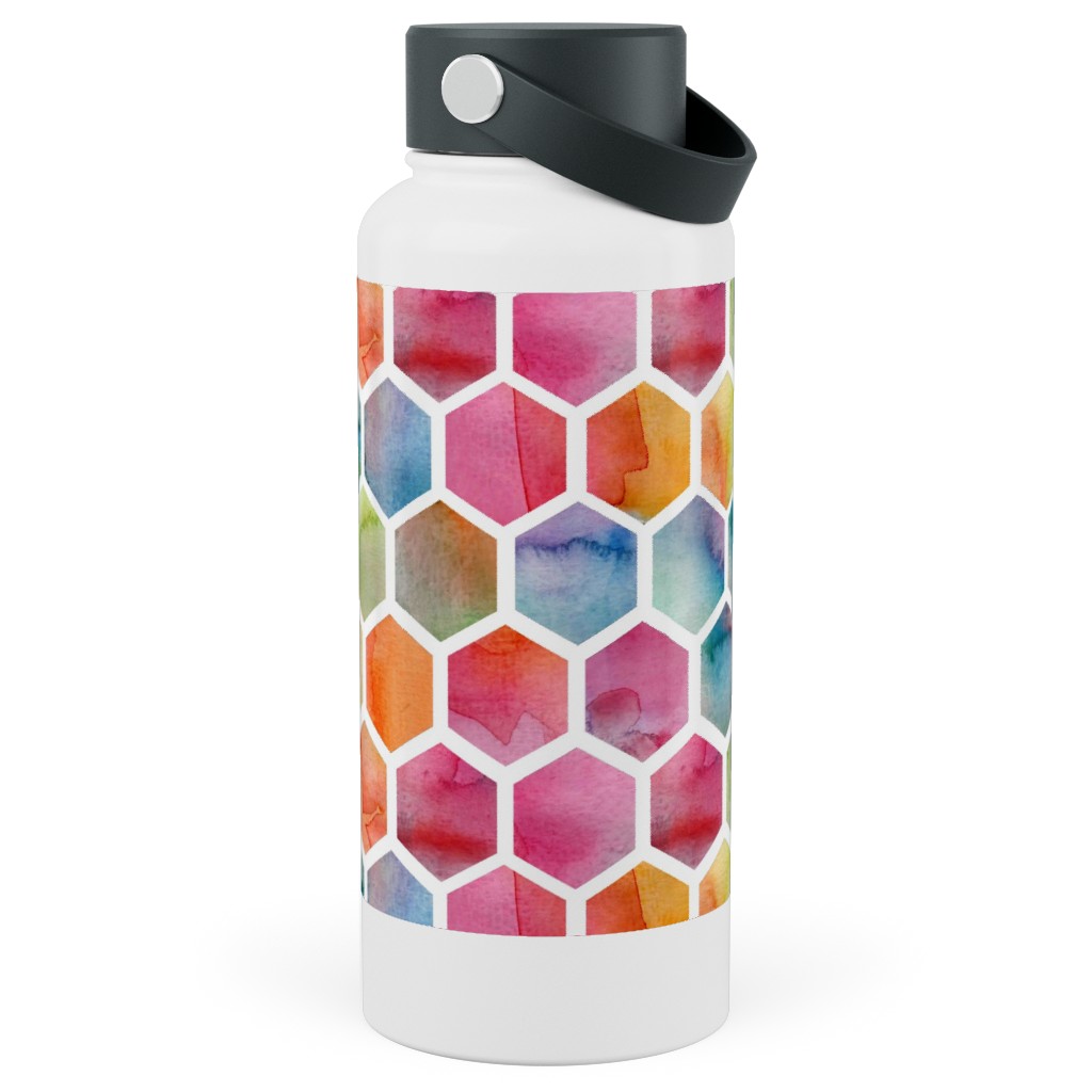 Watercolour Hexagons - Multi Stainless Steel Wide Mouth Water Bottle, 30oz, Wide Mouth, Multicolor