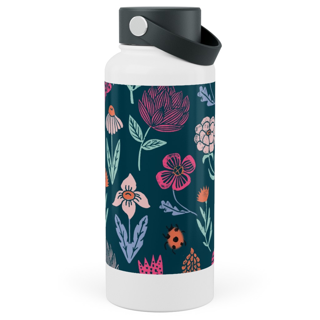 Spring Botanicals Linocut - Multi Stainless Steel Wide Mouth Water Bottle, 30oz, Wide Mouth, Multicolor