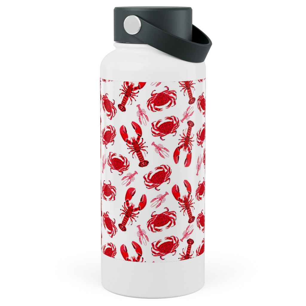 Crabs and Lobsters - Red Crustaceans on White Stainless Steel Wide Mouth Water Bottle, 30oz, Wide Mouth, Red, Red