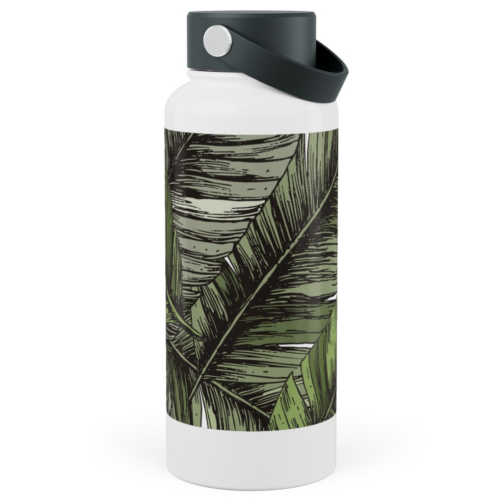 Tropical Palm Leaves - Green Stainless Steel Wide Mouth Water Bottle, 30oz, Wide Mouth, Green