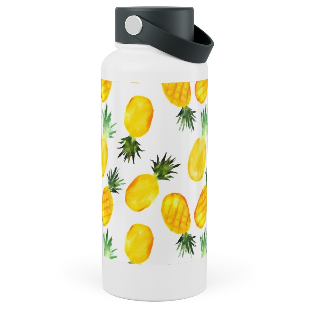Watercolor Pineapples - Yellow Stainless Steel Wide Mouth Water Bottle, 30oz, Wide Mouth, Yellow