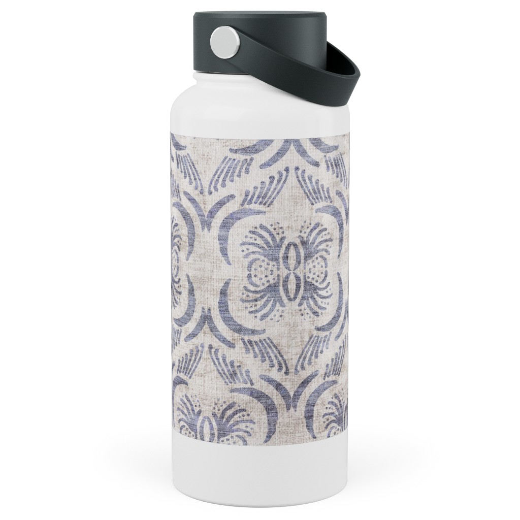 French Linen Geo Floral Stainless Steel Wide Mouth Water Bottle, 30oz, Wide Mouth, Gray, Gray