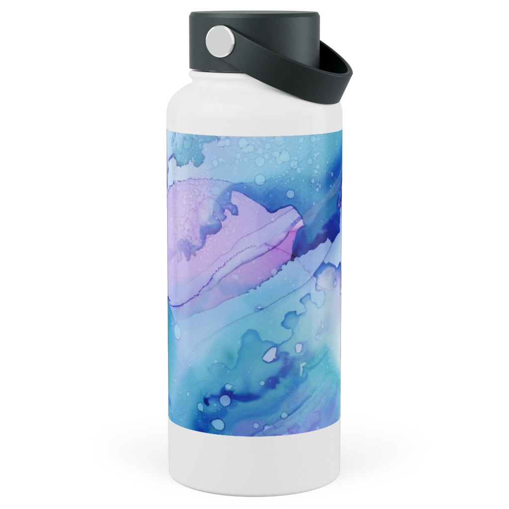 Watercolor Waves - Blue and Purple Stainless Steel Wide Mouth Water Bottle, 30oz, Wide Mouth, Blue, True Blue