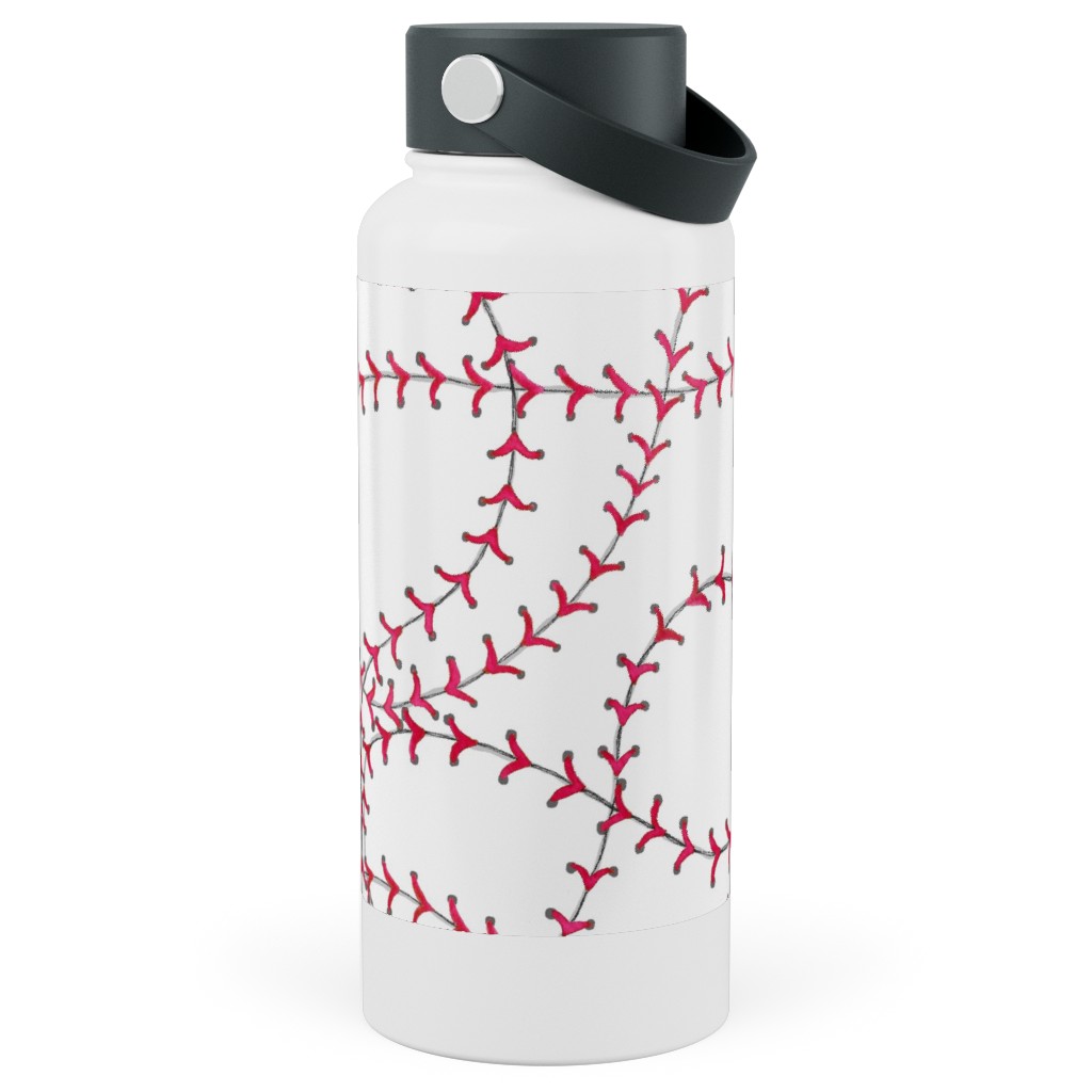Baseball Seams - White Stainless Steel Wide Mouth Water Bottle, 30oz, Wide Mouth, Red