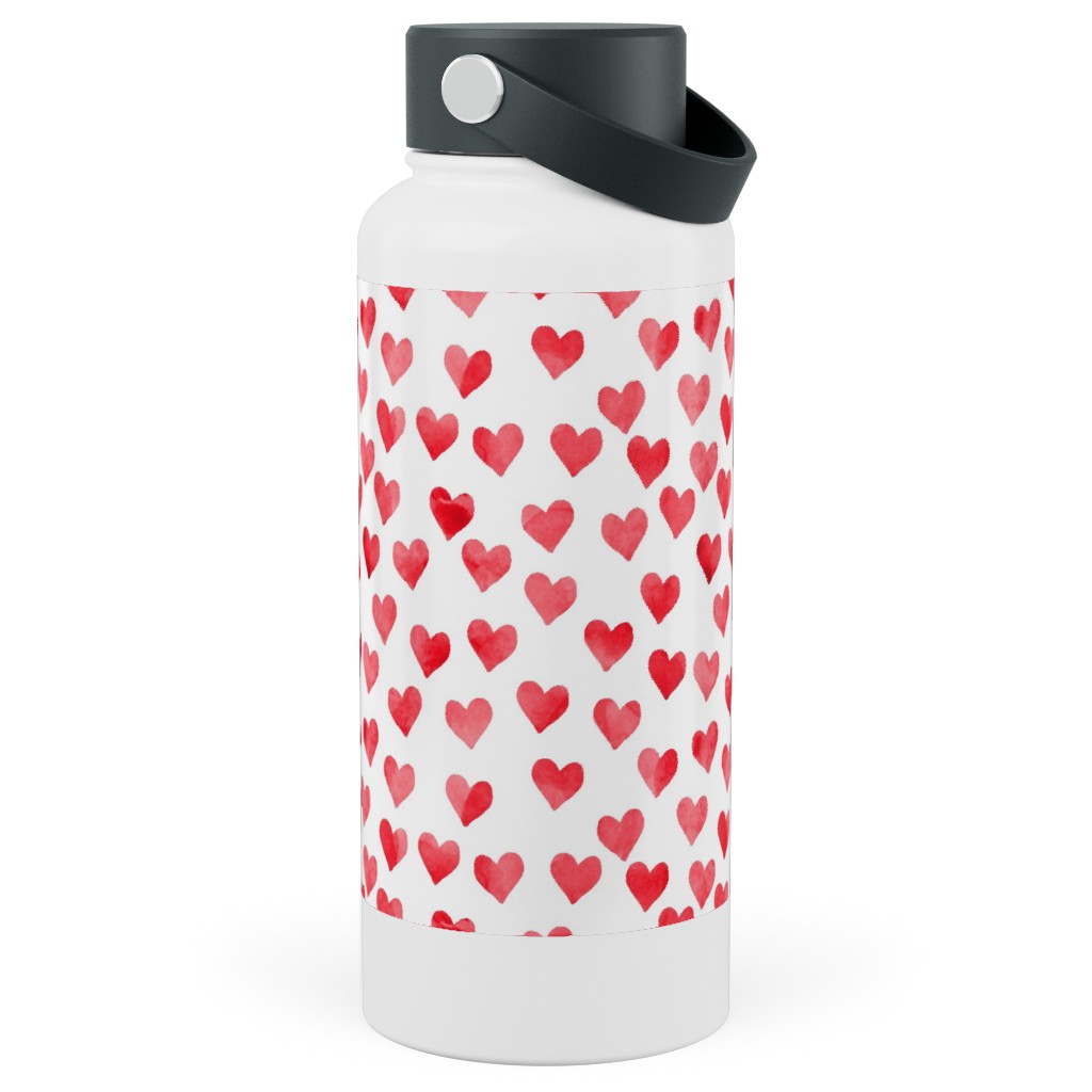 Watercolor Hearts - Red Stainless Steel Wide Mouth Water Bottle, 30oz, Wide Mouth, Red, Red