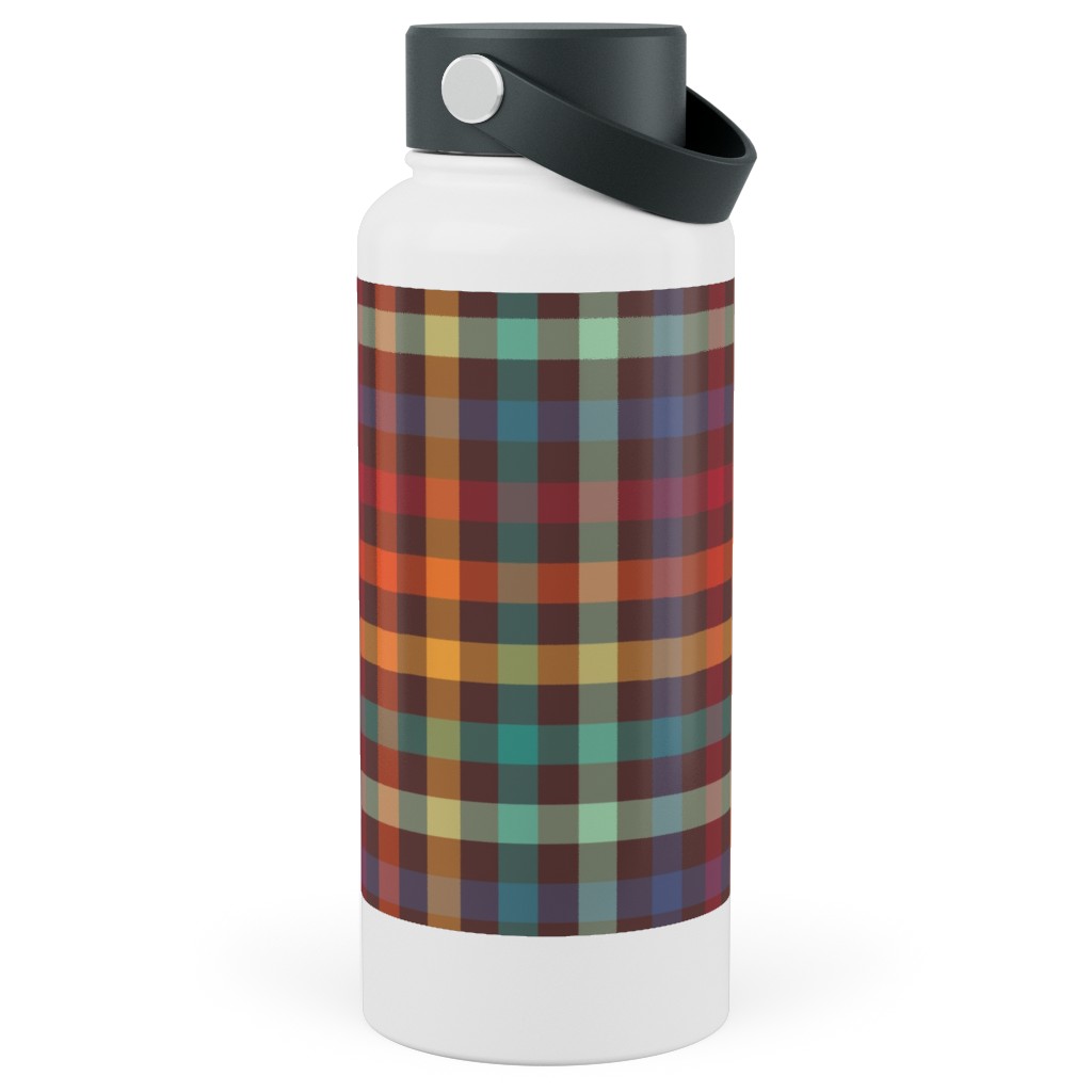 Retro Rainbow Plaid Stainless Steel Wide Mouth Water Bottle, 30oz, Wide Mouth, Multicolor