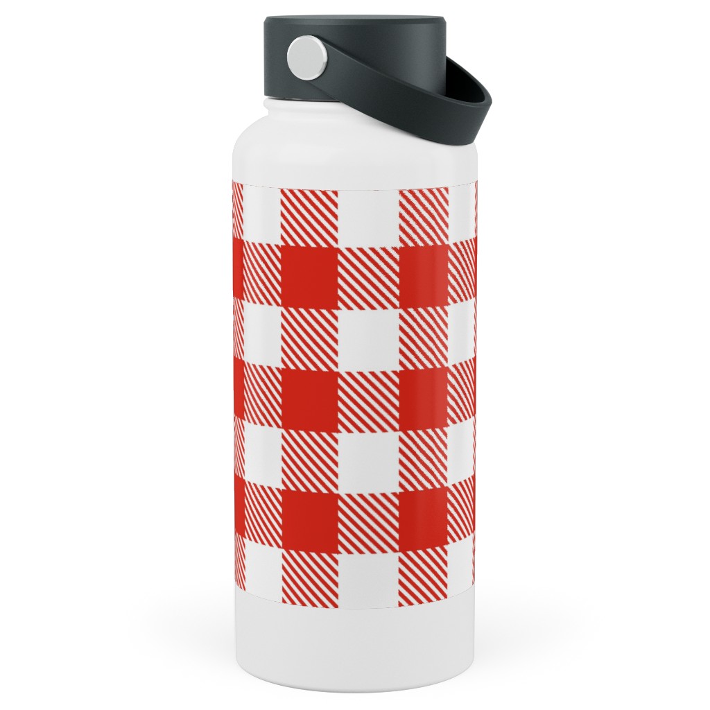 Red Gingham Pattern Stainless Steel Wide Mouth Water Bottle, 30oz, Wide Mouth, Red
