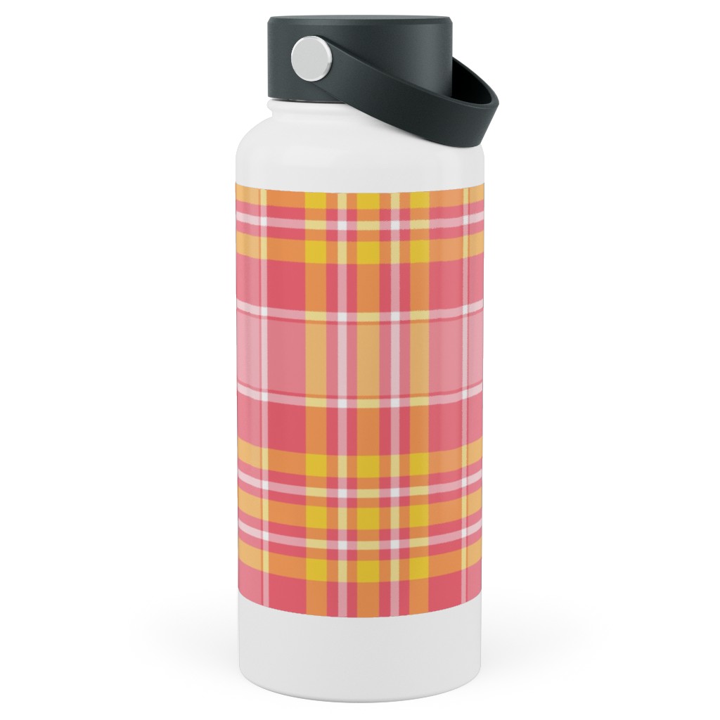 Plaid - Pink and Yellow Stainless Steel Wide Mouth Water Bottle, 30oz, Wide Mouth, Pink, Bright Pink