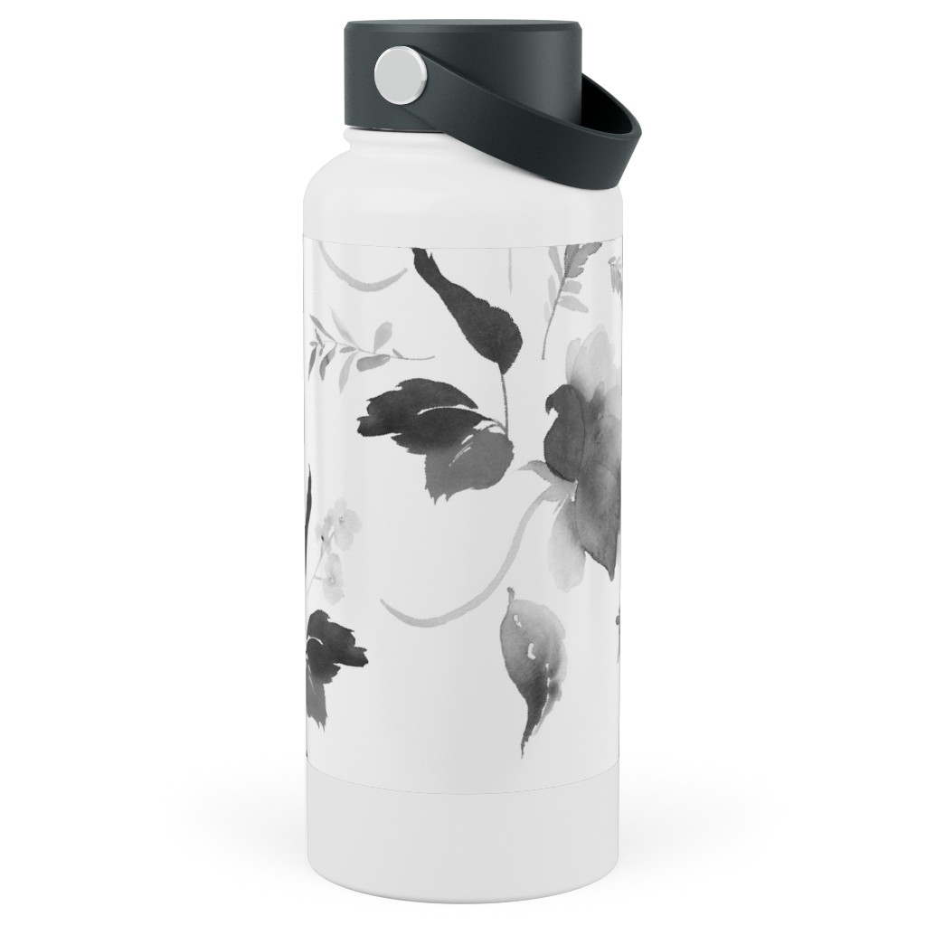 Spring Beginning - Black and White Stainless Steel Wide Mouth Water Bottle, 30oz, Wide Mouth, White