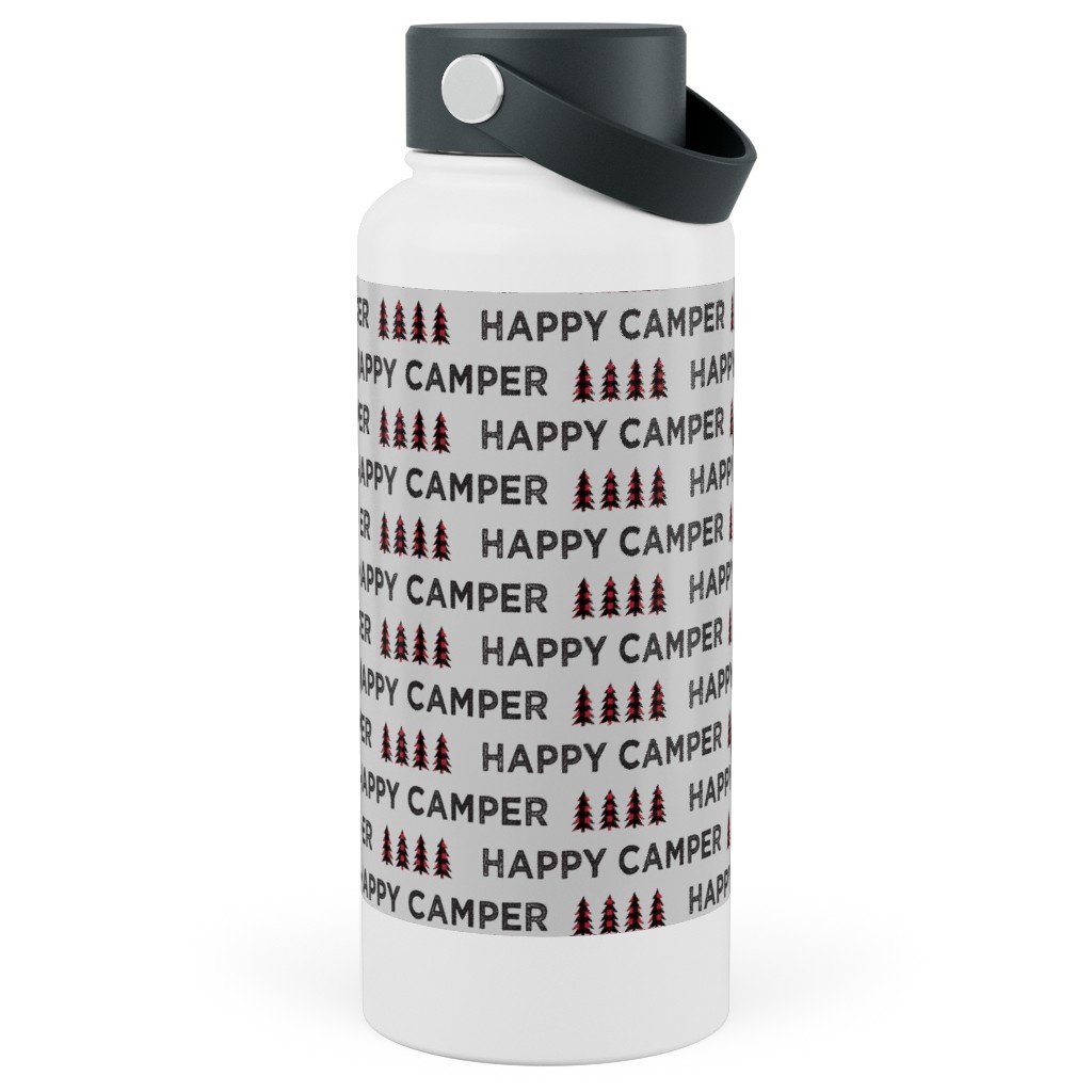 Happy Camper on Fog - Gray Stainless Steel Wide Mouth Water Bottle, 30oz, Wide Mouth, Brown