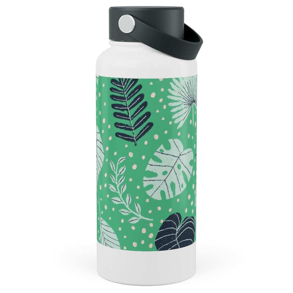 Leafy Jungle - Green Stainless Steel Wide Mouth Water Bottle, 30oz, Wide Mouth, Green