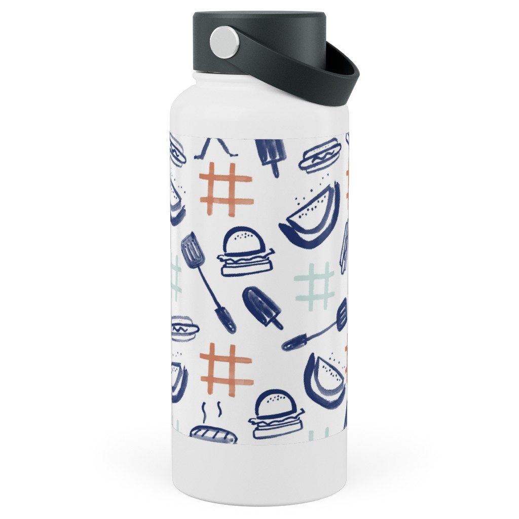 Summer Cookout Stainless Steel Wide Mouth Water Bottle, 30oz, Wide Mouth, Blue