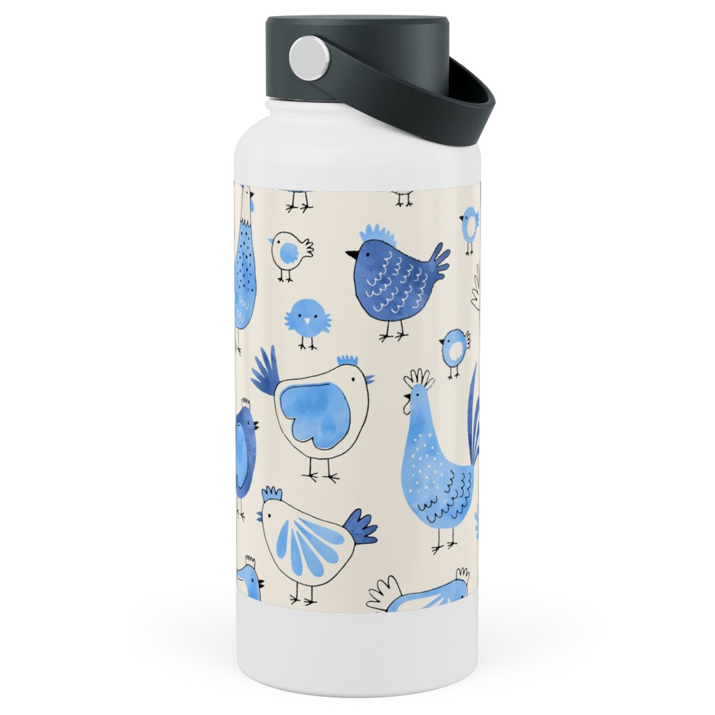 Chicken and Rooster - Watercolor - Blue on Creme Stainless Steel Wide Mouth Water Bottle, 30oz, Wide Mouth, Blue, True Blue