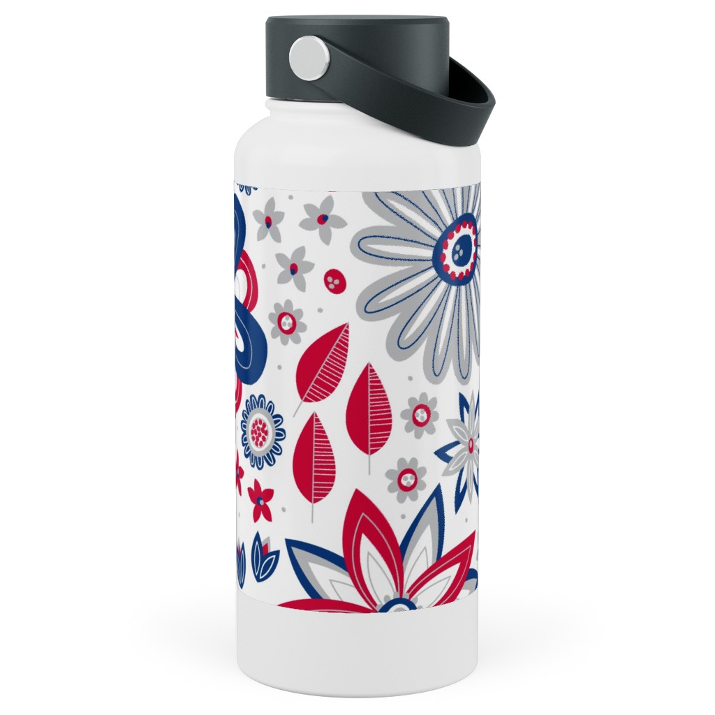 Bohemian Fields - Red, White and Blue Stainless Steel Wide Mouth Water Bottle, 30oz, Wide Mouth, Red, Red