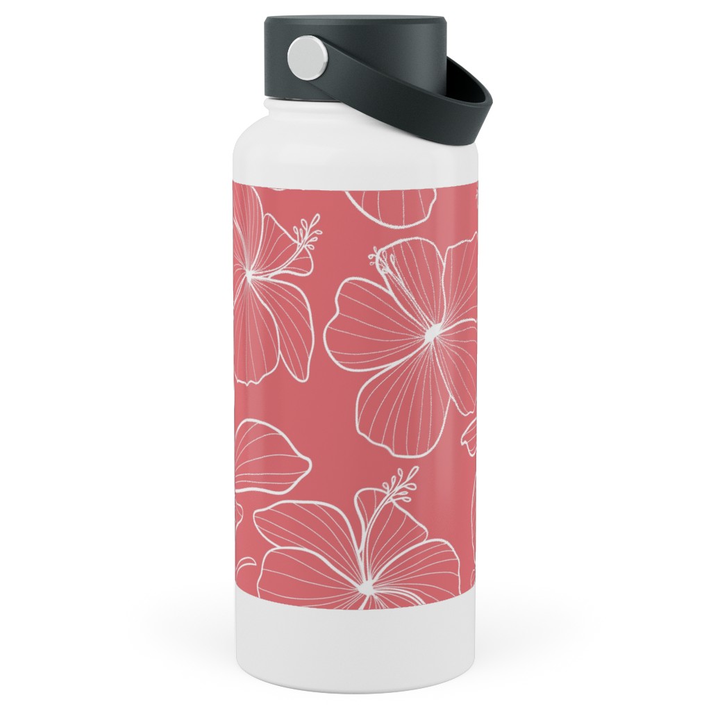 Hibiscus Line Art - Pink Stainless Steel Wide Mouth Water Bottle, 30oz, Wide Mouth, Pink