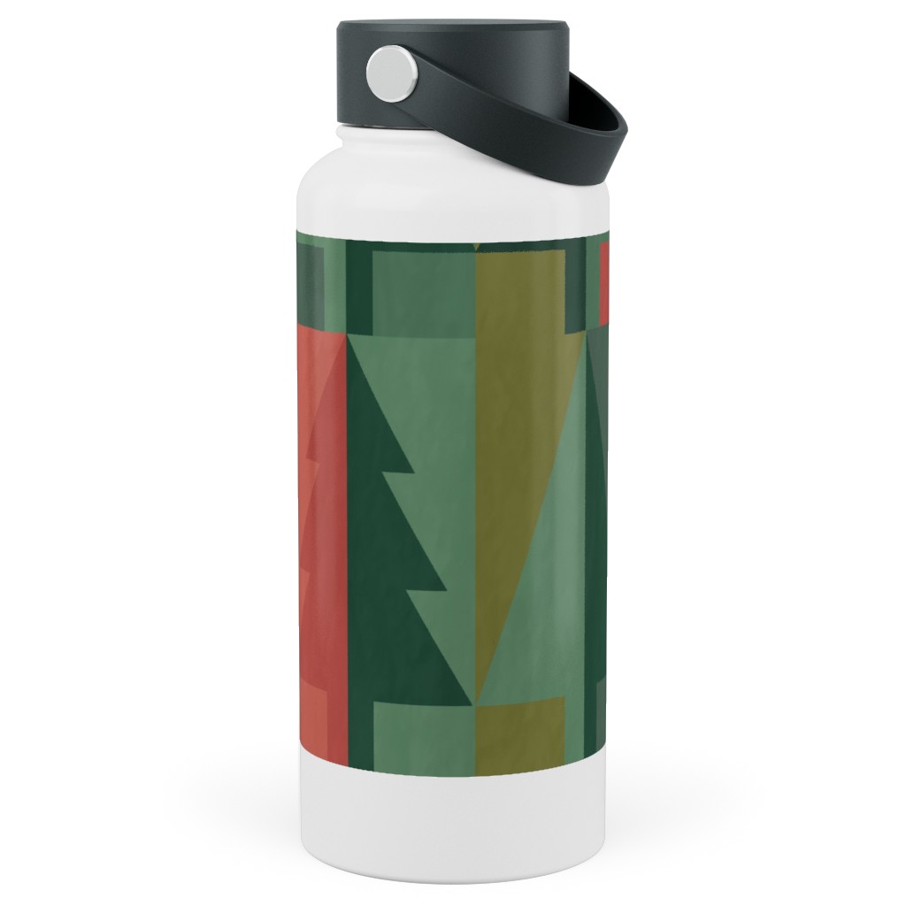 Geometric Forest - Red and Green Stainless Steel Wide Mouth Water Bottle, 30oz, Wide Mouth, Green