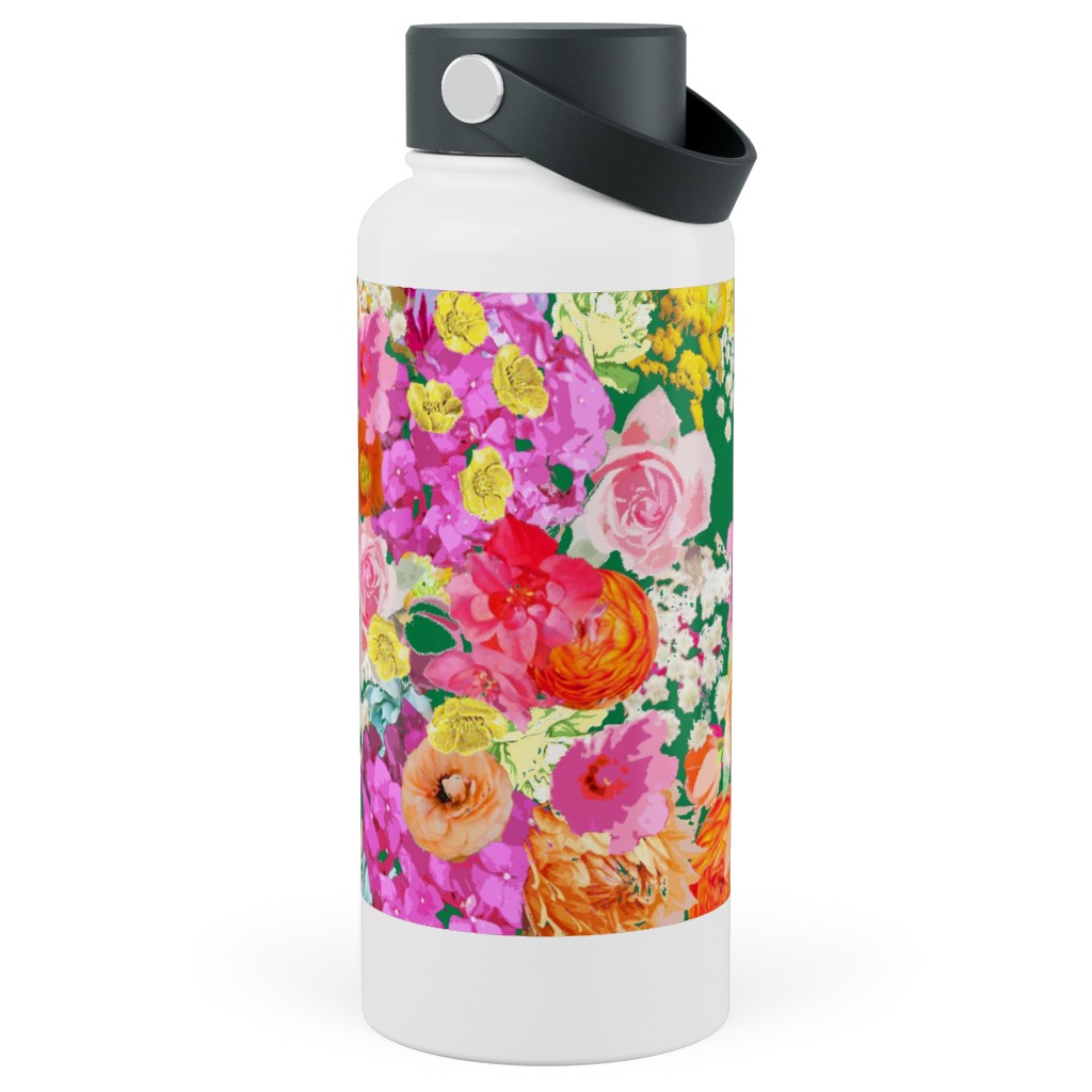 Summer Bright Floral - Kelly Green Stainless Steel Wide Mouth Water Bottle, 30oz, Wide Mouth, Pink