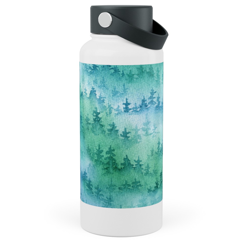 Watercolor Forest - Green and Blue Stainless Steel Wide Mouth Water Bottle, 30oz, Wide Mouth, Green