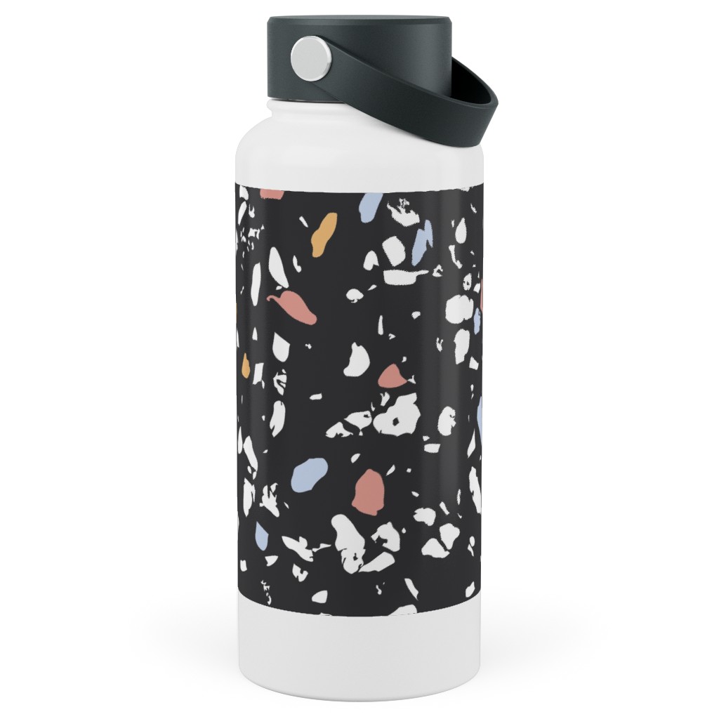 Terrazzo Print - Dark Stainless Steel Wide Mouth Water Bottle, 30oz, Wide Mouth, Black, Black