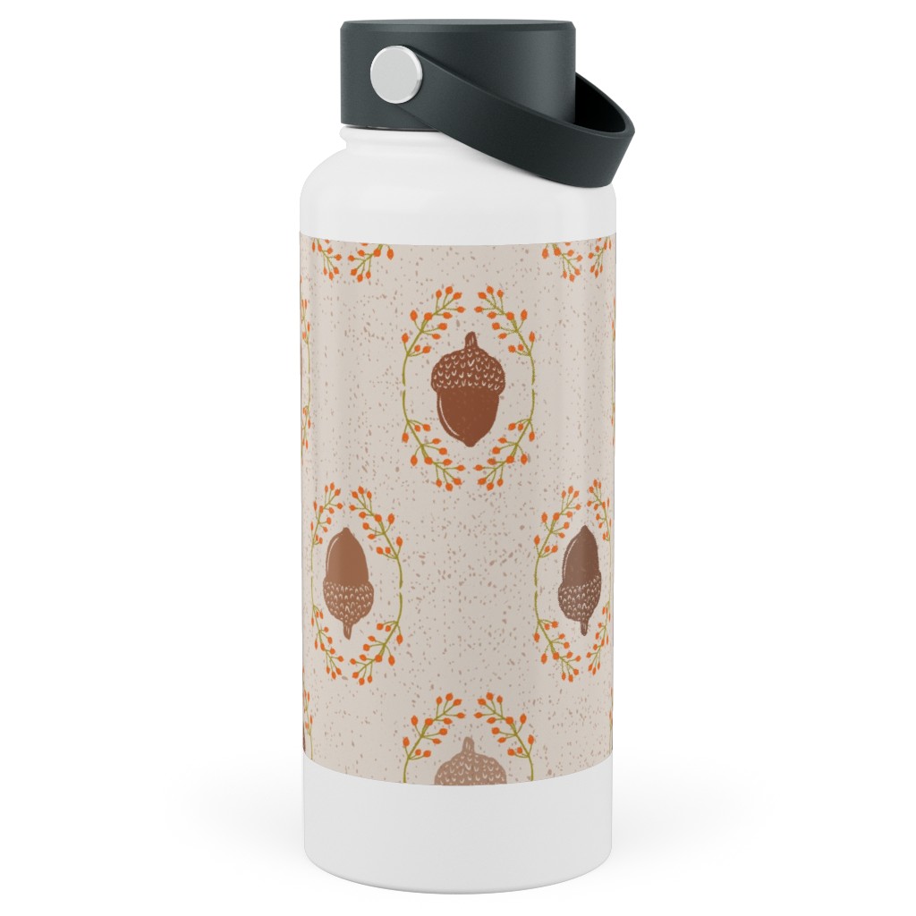 Autumn Acorn Rosehip Textured Damask Stainless Steel Wide Mouth Water Bottle, 30oz, Wide Mouth, Beige, Sand