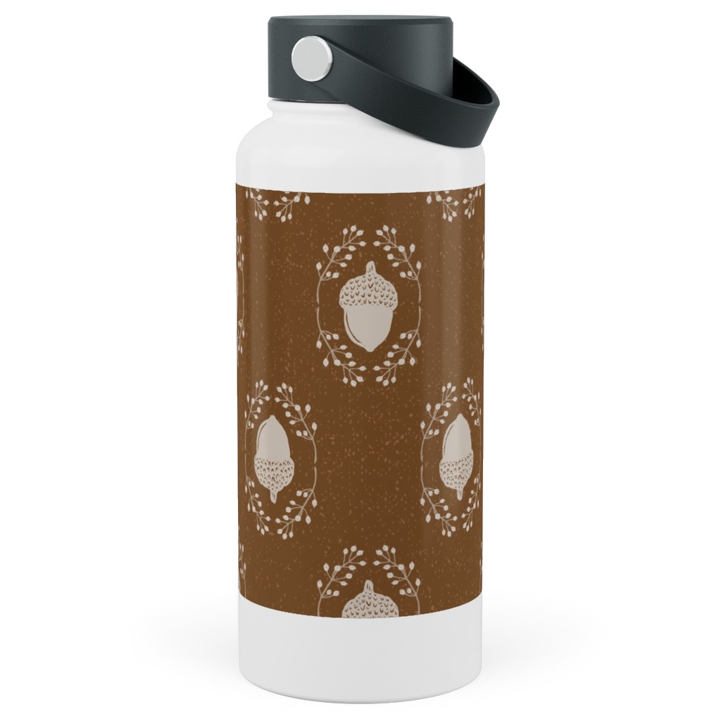 Autumn Acorn Rosehip Textured Damask Stainless Steel Wide Mouth Water Bottle, 30oz, Wide Mouth, Brown
