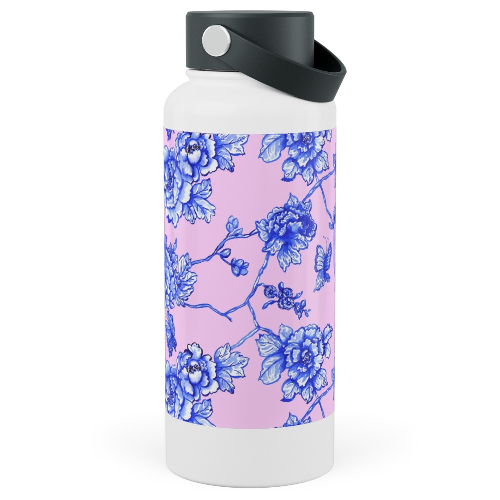 Chinoiserie Floral - Blush Stainless Steel Wide Mouth Water Bottle, 30oz, Wide Mouth, Pink