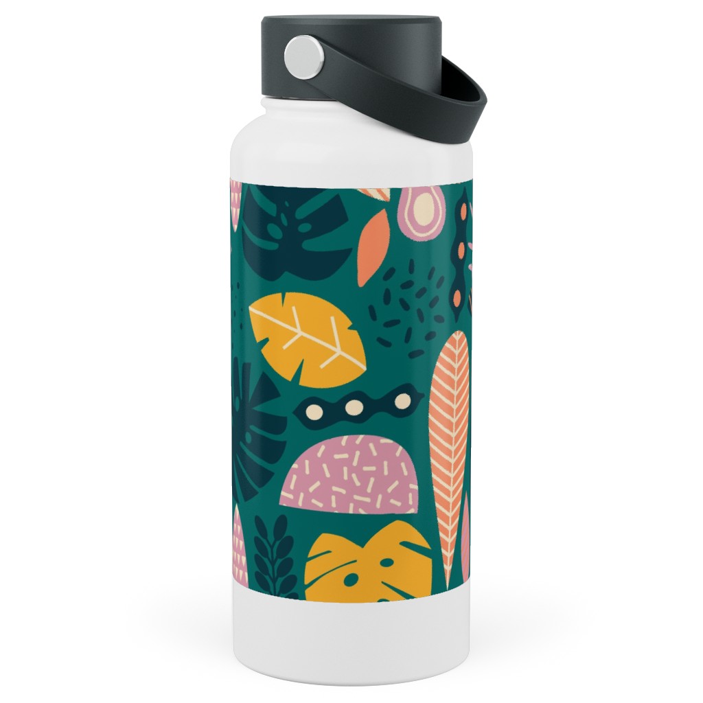 Retro Tropical Pattern Stainless Steel Wide Mouth Water Bottle, 30oz, Wide Mouth, Multicolor, Seaweed
