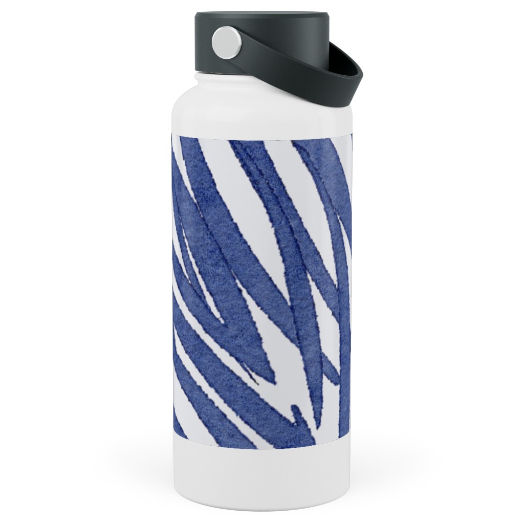 Watercolor Fronds - Cobalt Stainless Steel Wide Mouth Water Bottle, 30oz, Wide Mouth, Blue