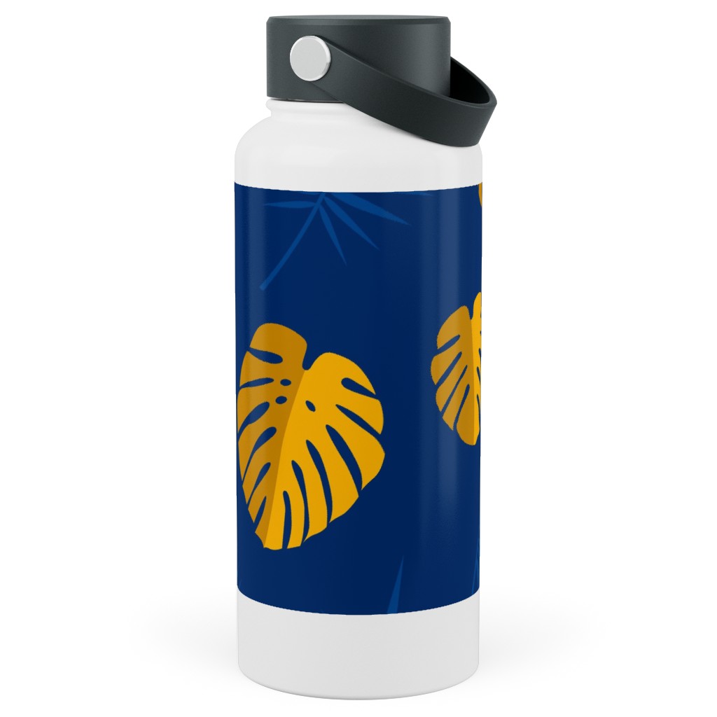 Tropical Leaves - Blue Stainless Steel Wide Mouth Water Bottle, 30oz, Wide Mouth, Blue, True Blue