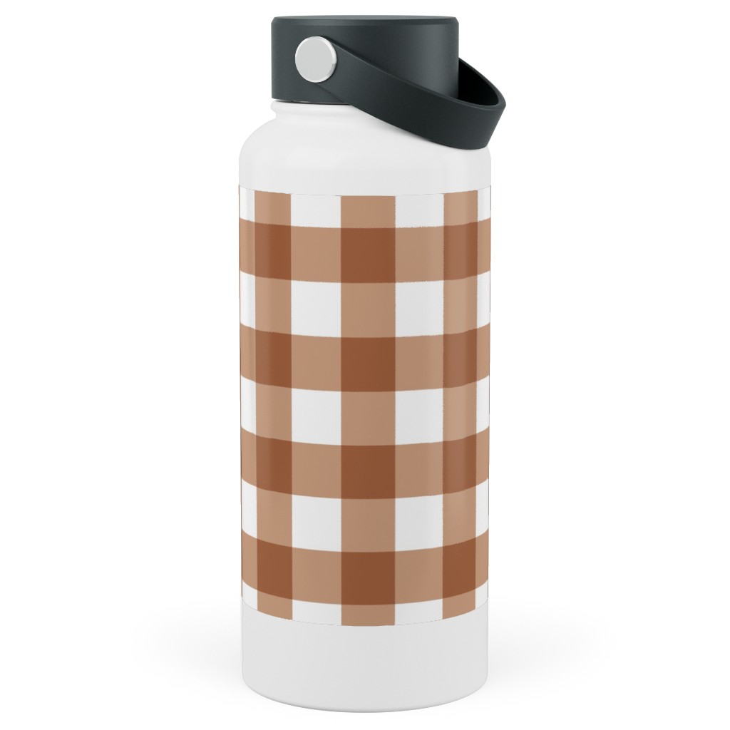 Gingham Plaid Check Stainless Steel Wide Mouth Water Bottle, 30oz, Wide Mouth, Brown